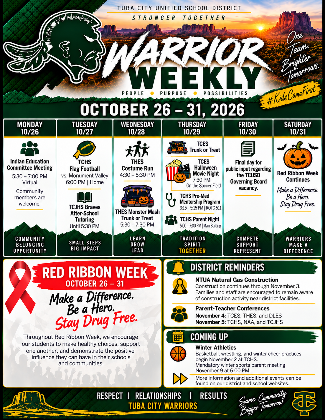 A school newsletter flyer titled 'Warrior Weekly' for October 26-31, 2026, outlining daily events and district reminders.